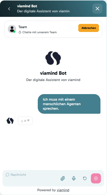 viamind Bot – Kunde fordert die Übergabe an einen Mitarbeiter an