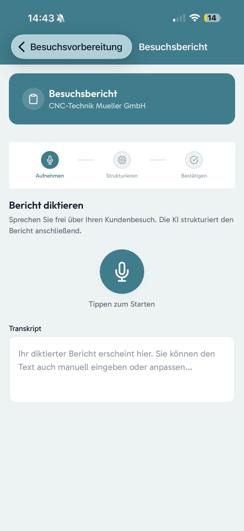 viamind App – Bericht diktieren: Aufnahme starten