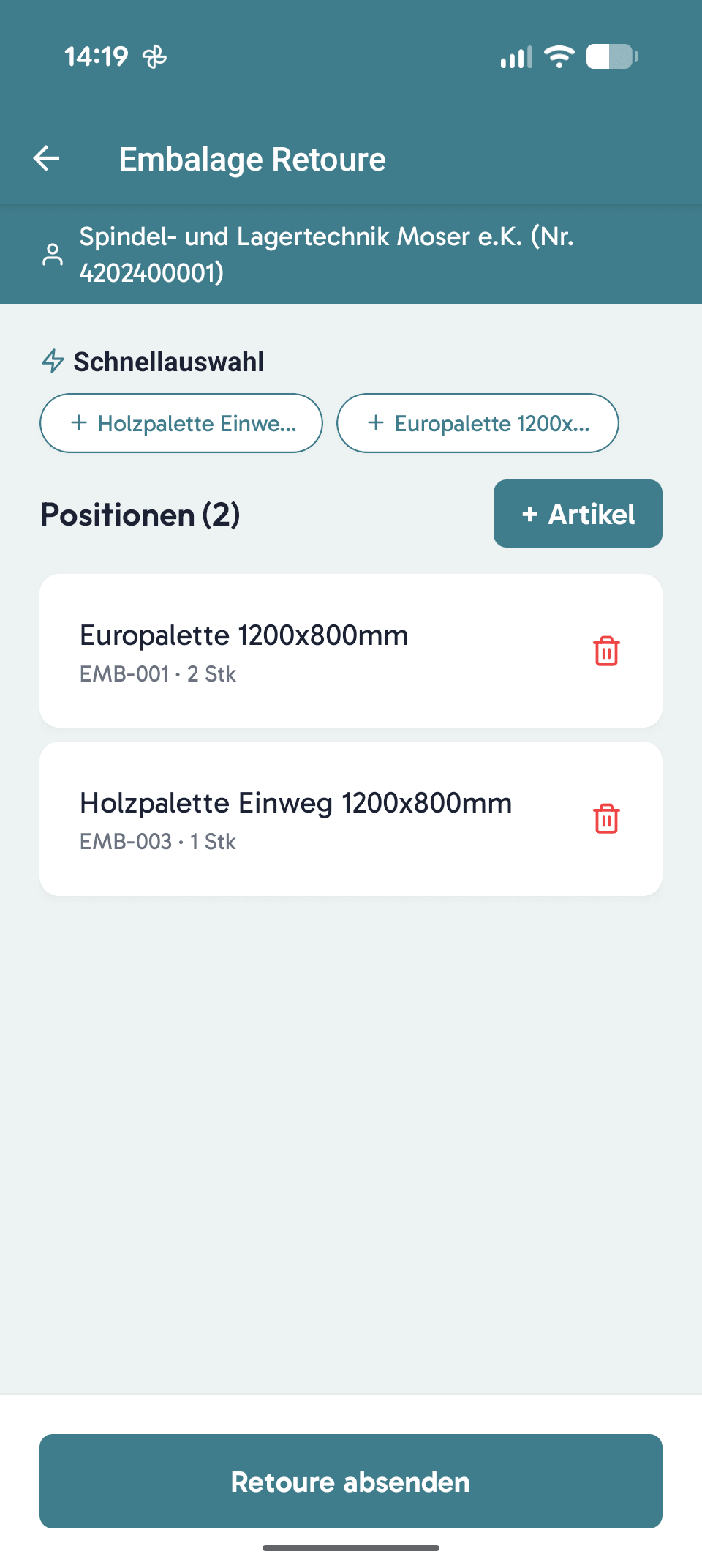 viamind Demo-App – Embalage- und Leergut-Retoure mit Palettenauswahl