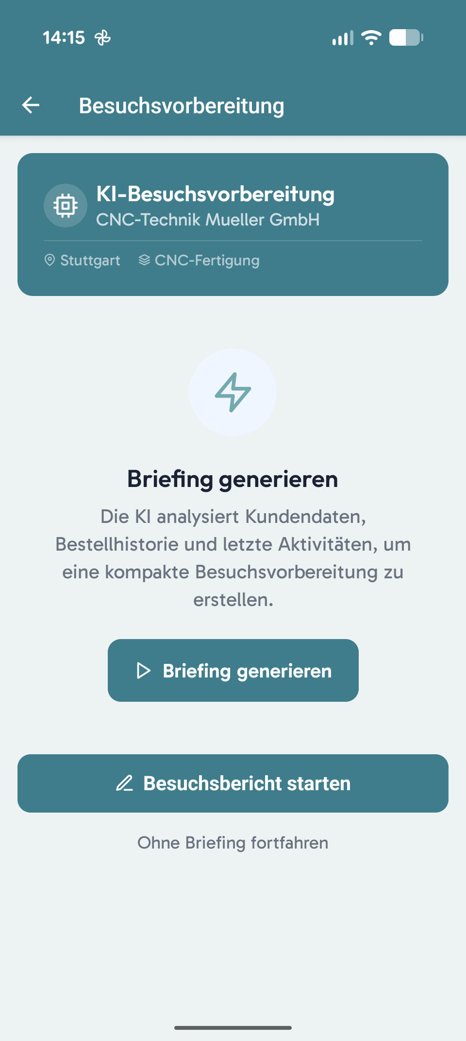 viamind Demo-App – KI-Besuchsvorbereitung mit generiertem Briefing