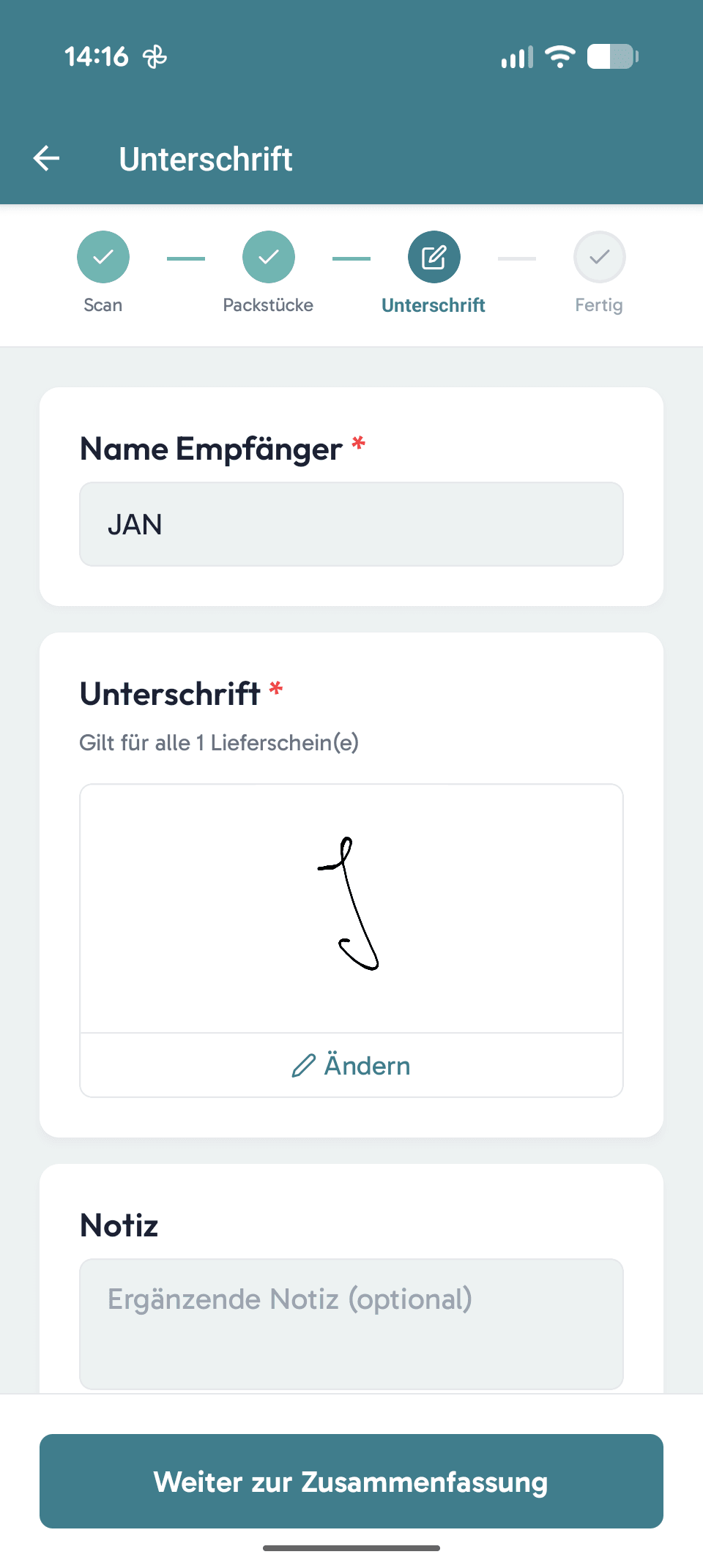 viamind Demo-App – Lieferschein-Abnahme mit Unterschrift auf dem Display