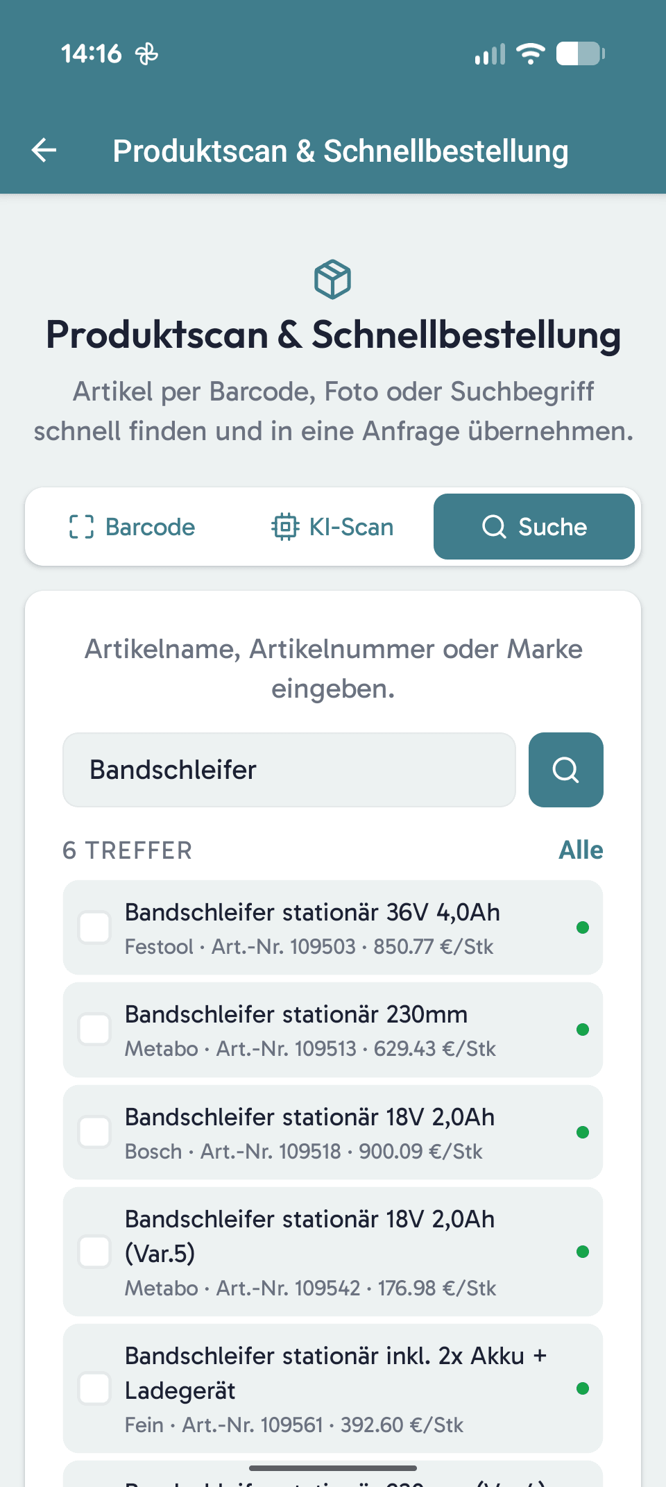 viamind Demo-App – Produktscan und Schnellbestellung mit Artikelsuche und Treffern