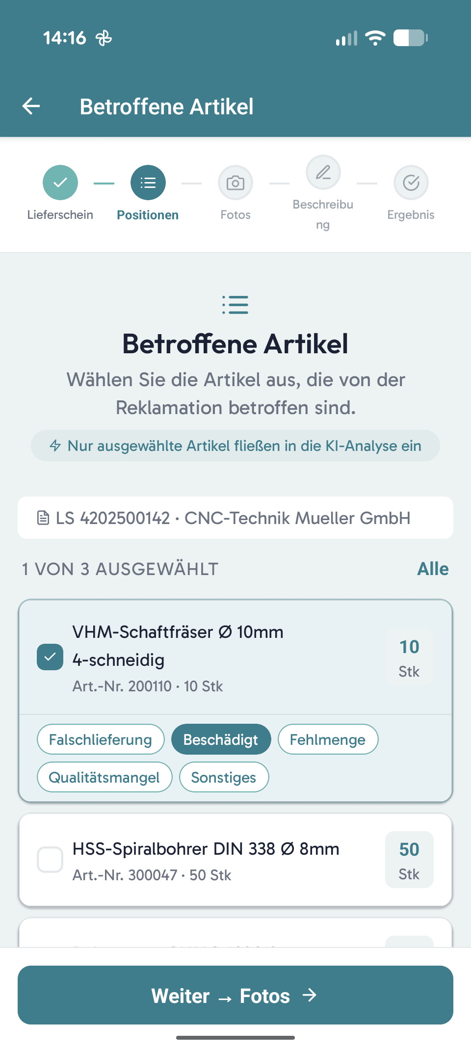viamind Demo-App – Reklamations-Assistent: betroffene Artikel für die KI-Analyse auswählen