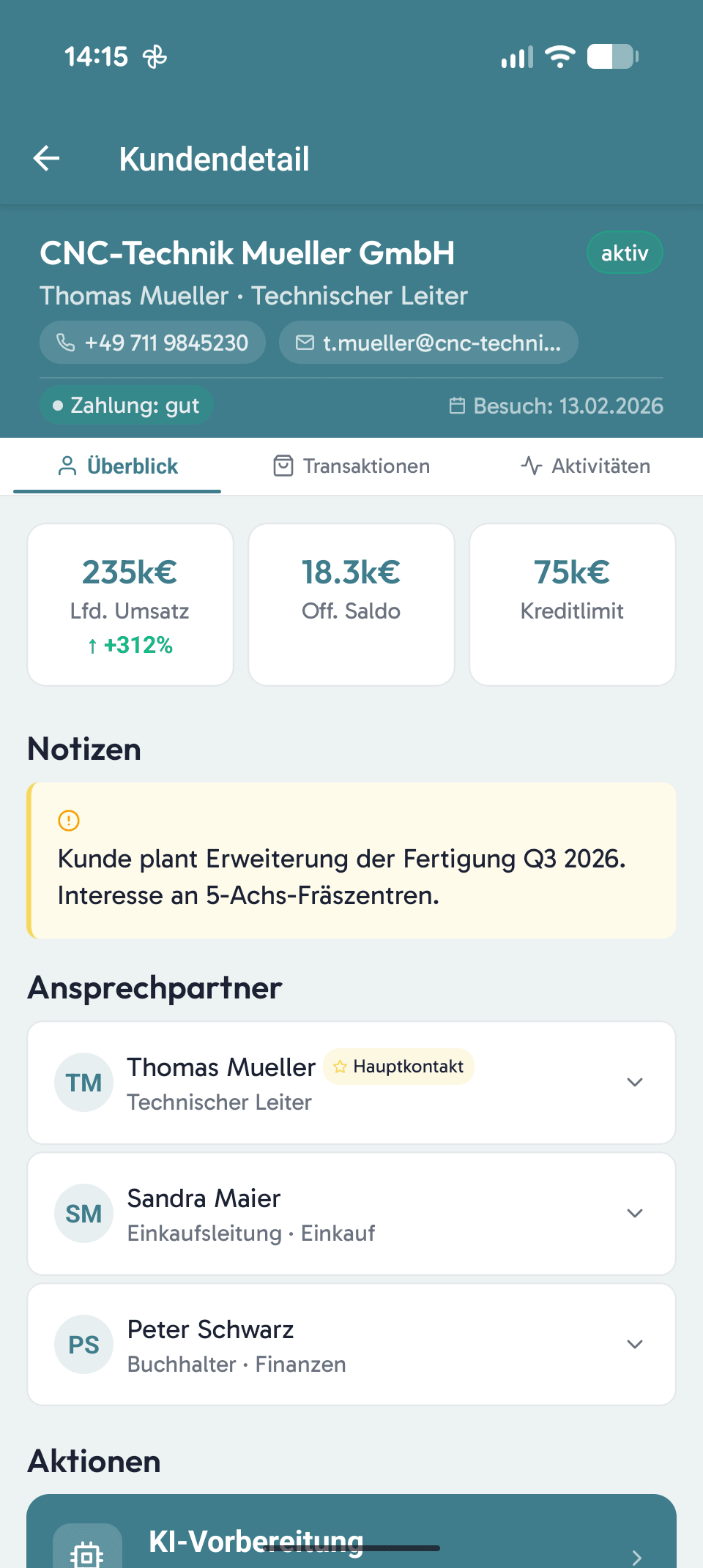 viamind Demo-App – Kundendetail mit Umsatz, offenem Saldo und Ansprechpartnern
