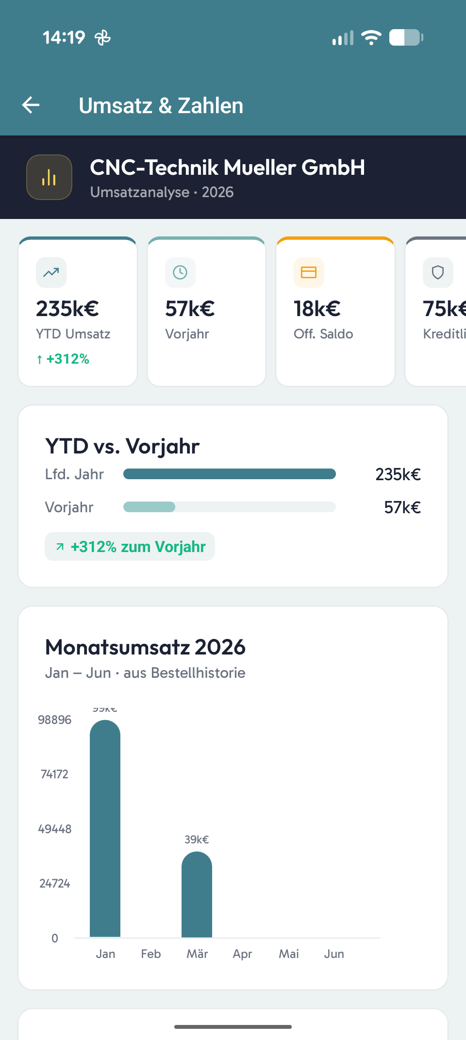 viamind Demo-App – Umsatz und Kennzahlen mit Jahresvergleich und Monatschart