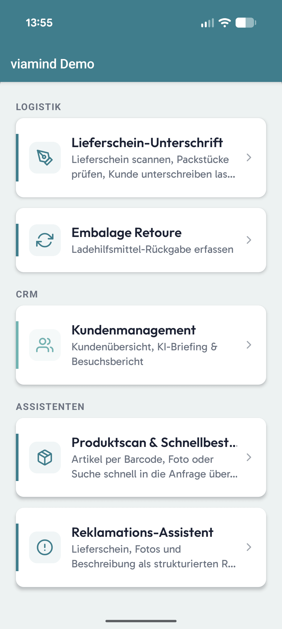viamind Demo-App – Funktionen für Logistik, CRM und KI-Assistenten