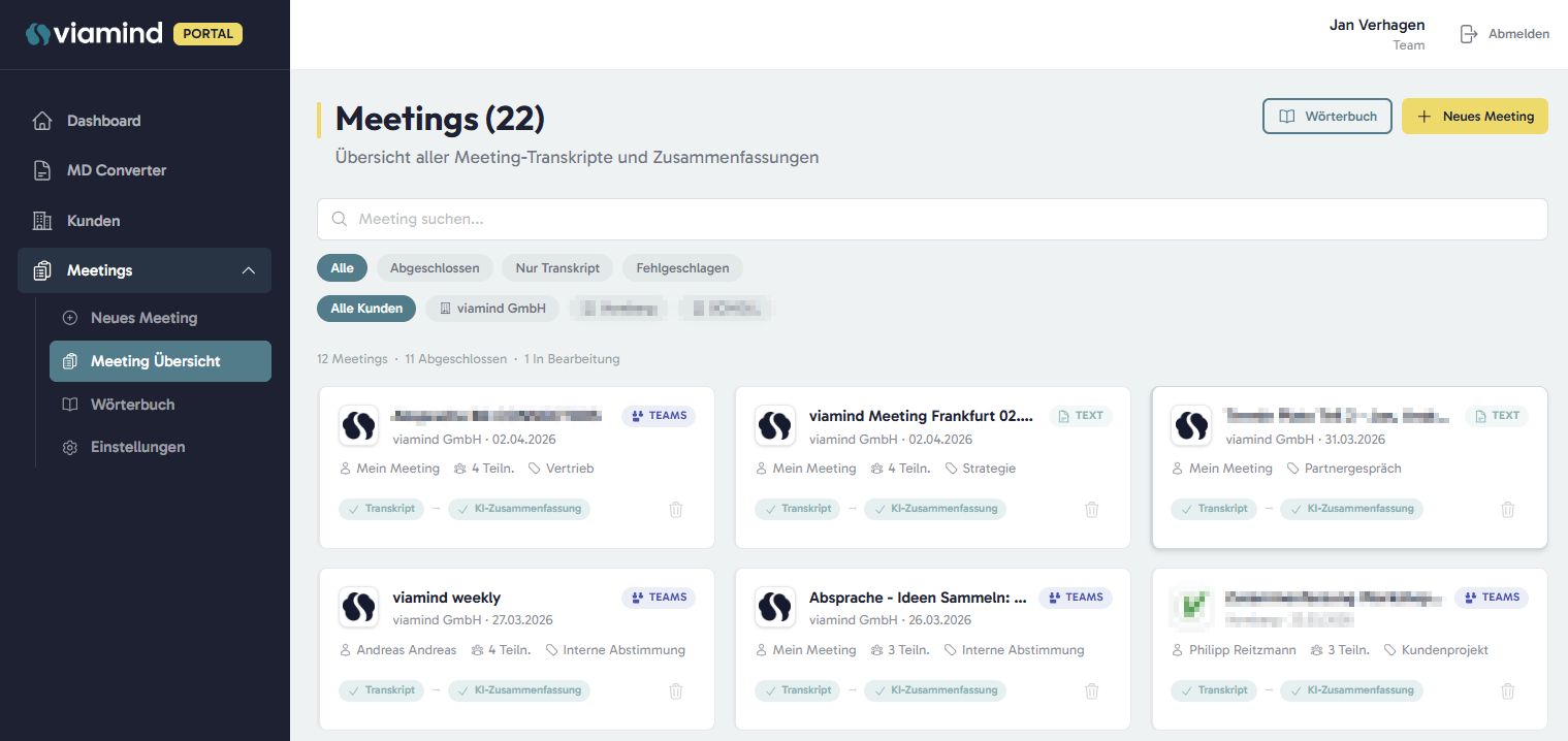 viamind Portal – Meeting-Übersicht mit Transkripten, KI-Zusammenfassungen und Kundenfilter