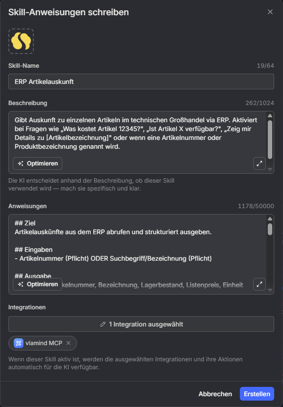 Skill-Erstellung in Langdock: ERP Artikelauskunft mit Name, Beschreibung, Anweisungen und MCP-Integration