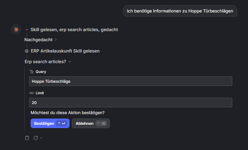 Langdock Chat: Die Frage nach Hoppe Türbeschlägen aktiviert automatisch den ERP-Artikelauskunft-Skill und startet die MCP-Abfrage